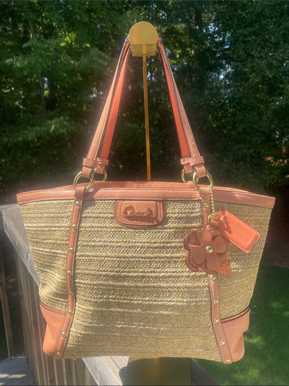 Coach Straw Tote with Coral Leather Trim